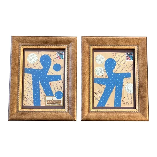 Contemporary 2 Original Wayne Cunningham Abstract Collages Tabletop Frames-A Pair