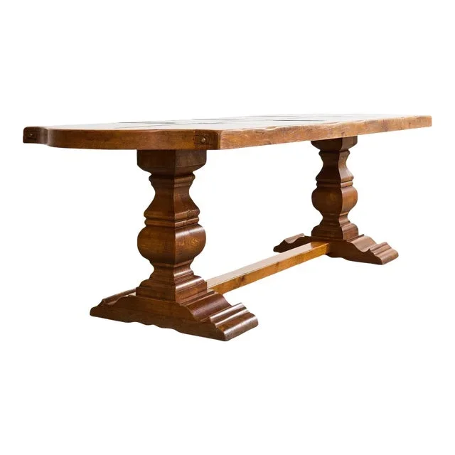 Country French Oak Parquet Top Farmhouse Trestle Dining Table