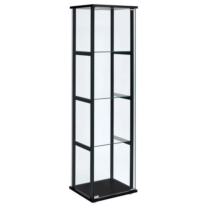 Cyclamen 4-Shelf Clear Glass Curio Display Cabinet – Black Tempered Glass Shelves, Push-to-Open Doors, Modern Compact Display Cabinet