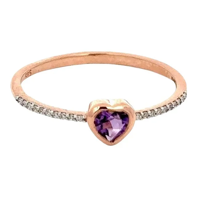 Dainty Heart Shaped Amethyst and Diamonds 14k Rose Gold Stackable Ring Size 7 ( All Sizes Available)