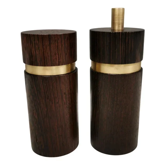 Danish Salt and Pepper Set in Wenge Wood and Brass by Svend Aage Petersen for Saap 1950s, Set of 2