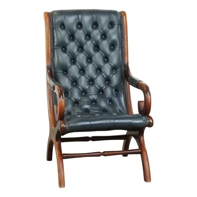 Dark Blue Chesterfield Armchair in Leather and Combined with Wood