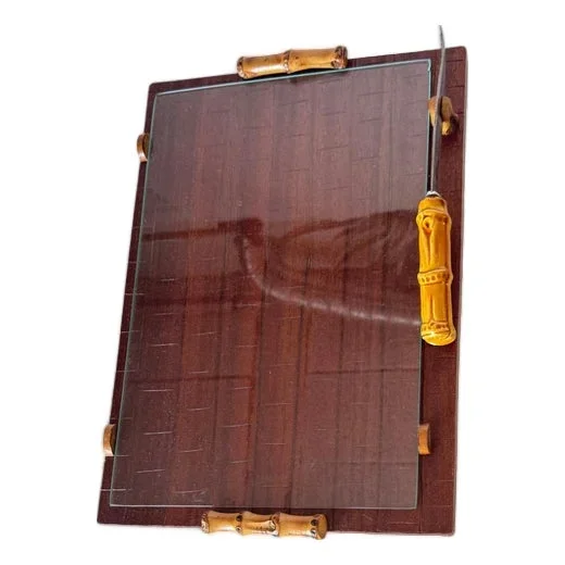 Dark Wood Cheese Tray with Faux Bamboo Handles and Ceramic Knife, 1970s