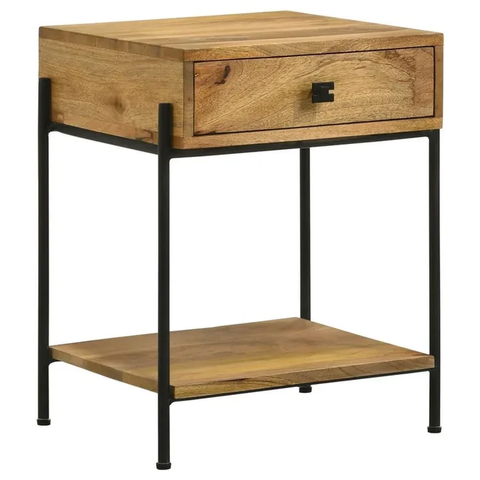 Declan 1-Drawer Wood Accent Side Table – Natural Mango Solid Wood Top with Black Iron Frame, Single Drawer Storage and Open Bottom Shelf