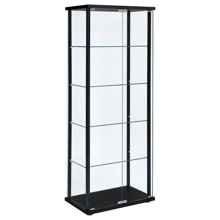 Delphinium 5-Shelf Clear Glass Curio Display Cabinet in Black – Modern Slim Tempered Glass Shelving with Push-to-Open Doors for Elegant Home Display