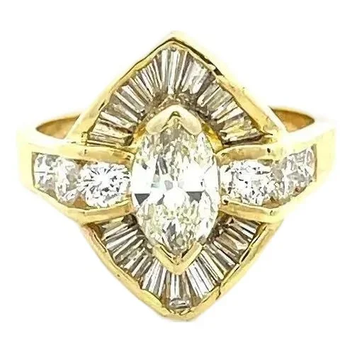 Diamond Marquie Solitaire Ring 18k Yellow Gold Cocktail Rhombus Shape 1.70ct