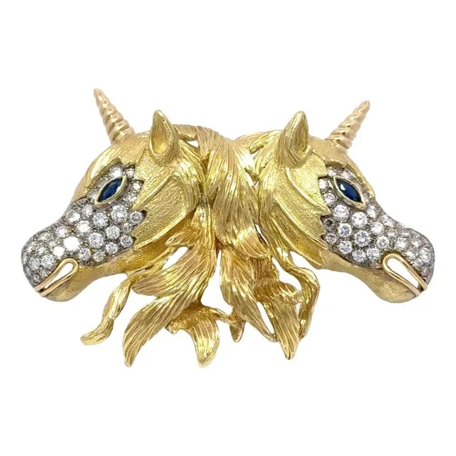 Diamond Sapphire 18k Yellow Gold Double-Unicorn Pin Brooch