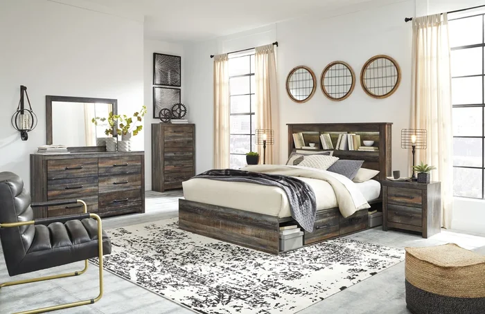 Drystan – Dresser, Mirror, Bookcase Bed Set
