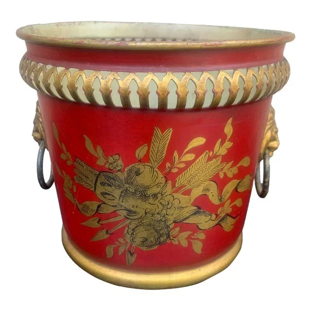 Early 20th Century French Neoclassical Tole Red & Gold Cachepot Planter Vase With Lion Heads