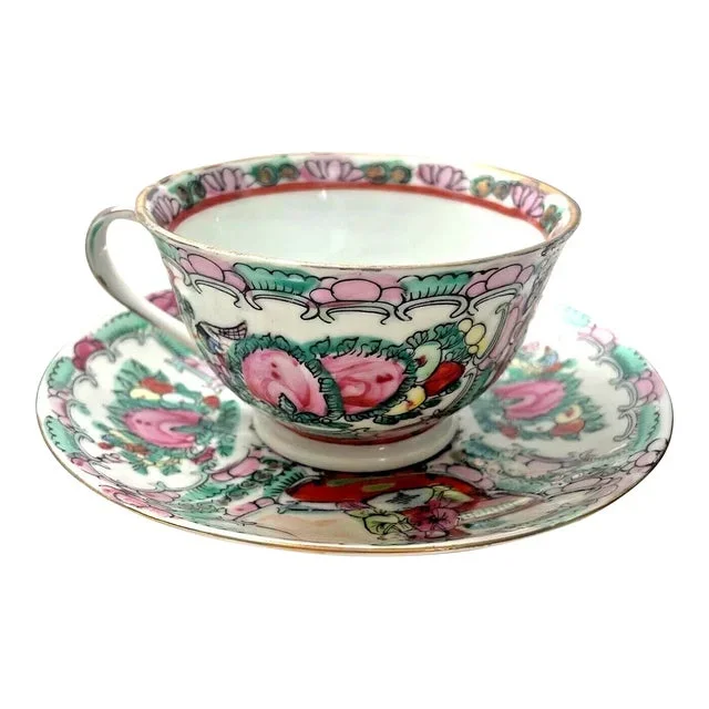 Early 20th Century Rose Medallion Tea Cup and Saucer Set