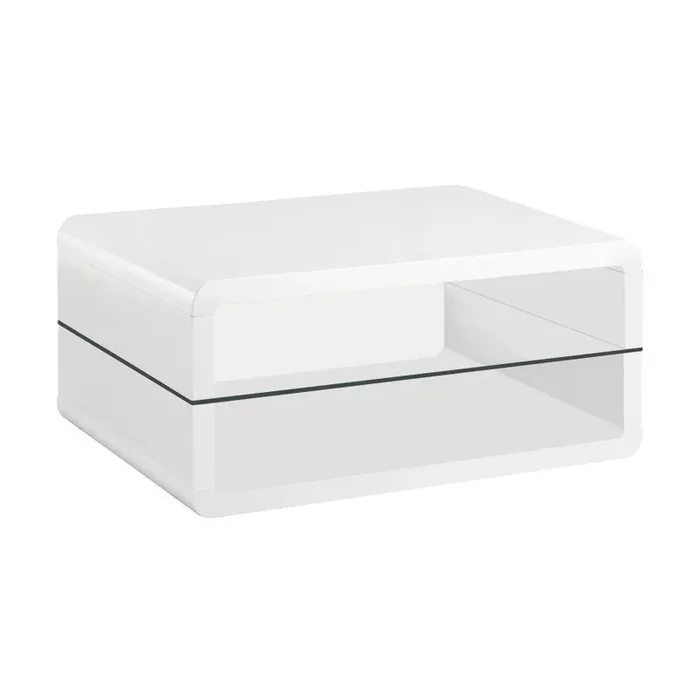 Elana Rectangular Coffee Table with 1 Shelf in White High Gloss Finish, Clear Tempered Glass, Smooth Curved Corners & Modern Living Room Design