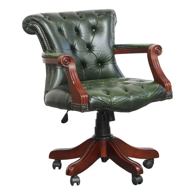 English Green Cowhide Chesterfield Desk Chair on Wheels