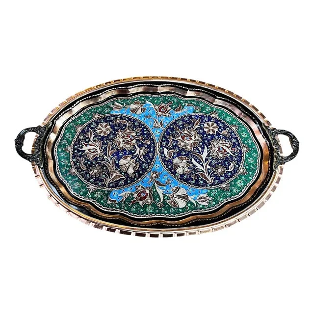 Engraved Oval Copper Tray with Handles