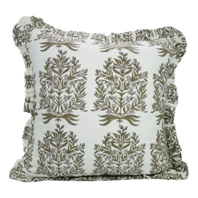 Fabdivine Elegant Block Printed Frill Cushion Cover 22×22 Inch Thick Cotton White- Vrindavan