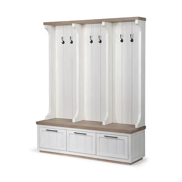 Fairview IV White & Brown Wood w/Storage Hall Tree 68477-AB by Mercana at Old Brick Furniture & Mattress Co.