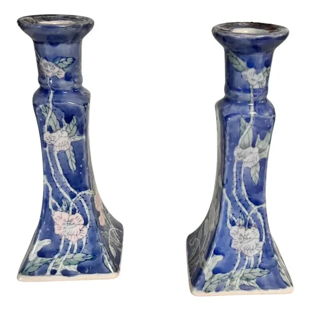 French Candleholder in Blue Ceramic, France, 1970s, Set of 2