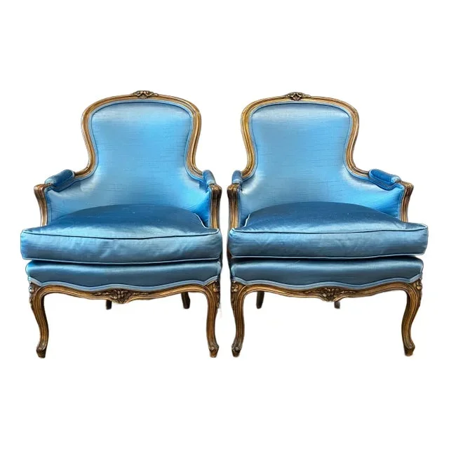 French Louis XV Style Carved Midnight Blue Upholstered Armchairs -a Pair