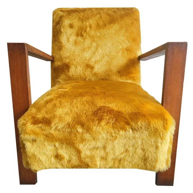 French Lounge Chair in Oak and Synthetic Fur, 1940s