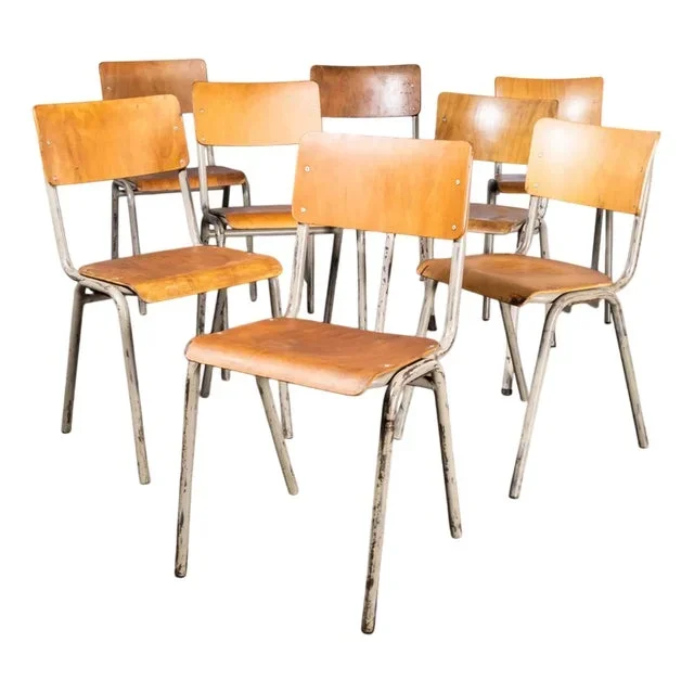 French Metal Framed Stacking University Dining Chairs, 1960s, Set of 8
