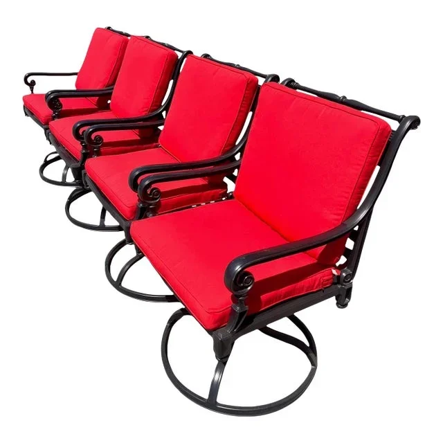 Frontgate “Carlisle” Cast-Aluminum Swivel Rocker Dining Chairs With Red Cushions, Set/4