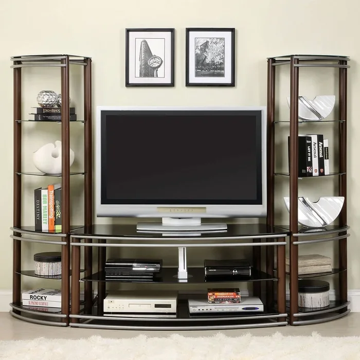 Furniture Of America Silver Creek Brown/Silver Contemporary Tv Console + 2 Pier Shelves Model CM5510-SET