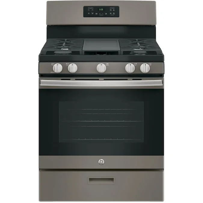 GE 30″ Free-Standing Gas Range with Steam Cleaning Oven in Slate