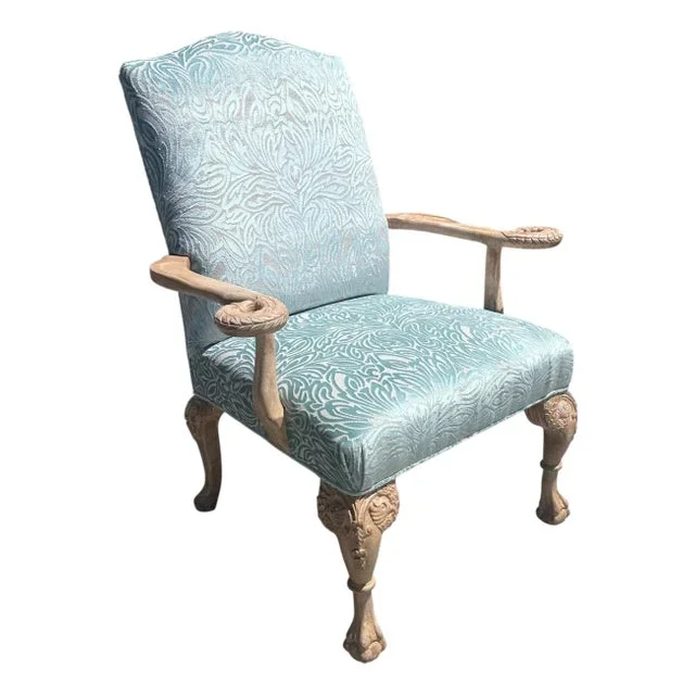 George I Style Swan Handle Arm Chair in Scalamandre Blue Cut Velvet