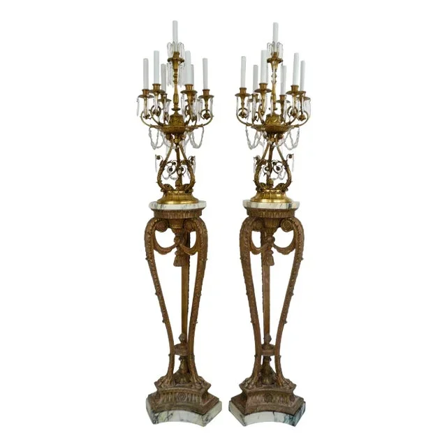 Georgian Style Giltwood Marble, Bronze & Crystal Torcheres by E F Caldwell, Pair