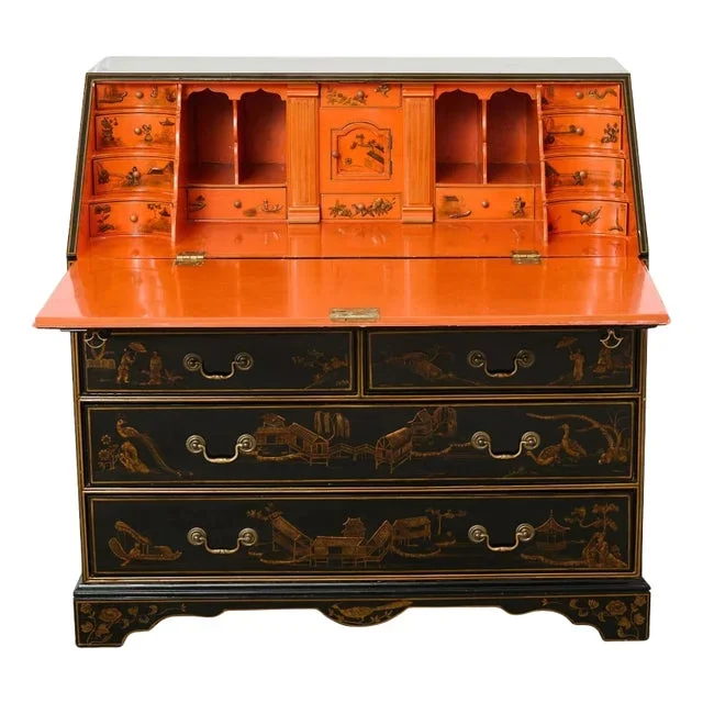 Georgian Style Slant Drop Front Chinoiserie Lacquered Secretary