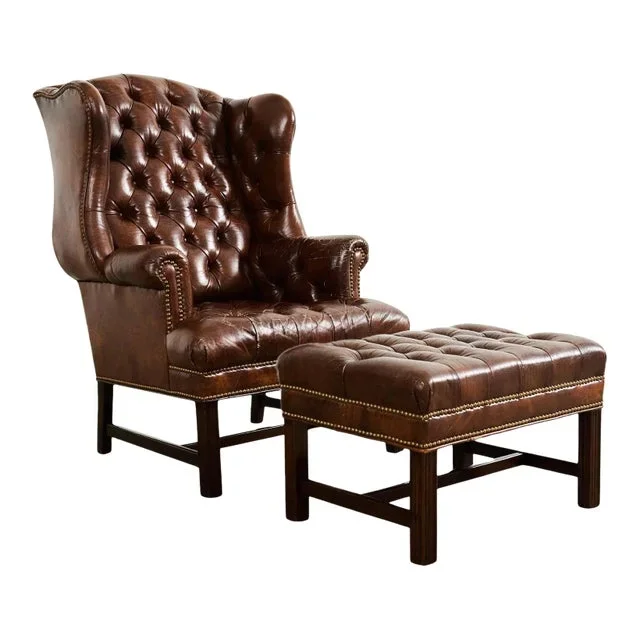 Georgian Style Tufted Cigar Leather Wingback Chair and Ottoman