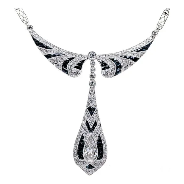 Gia Certified Diamond and Natural Sapphire in Platinum 950 Elegant Necklace
