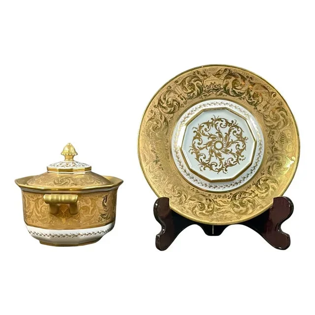 Gilded Porcelain Tureen Set, 1940s, Set of 2