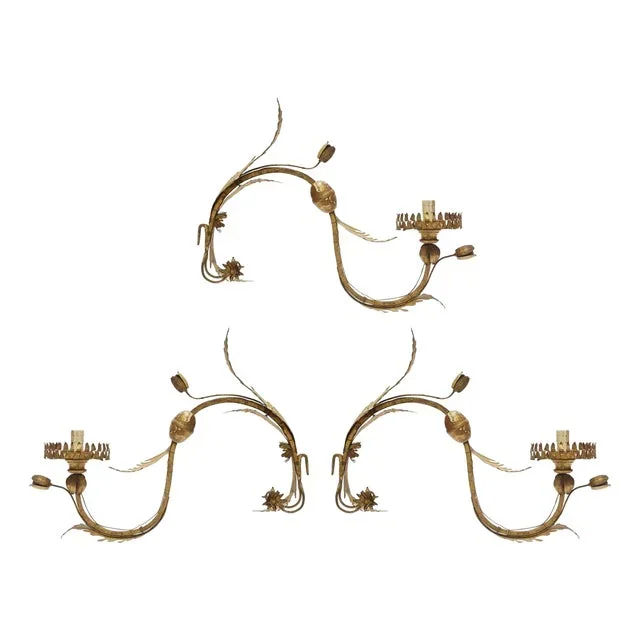 Gilt Wrought Iron Candle Holder Appliques with Leaf and Floral Motifs, 1700s, Set of 3