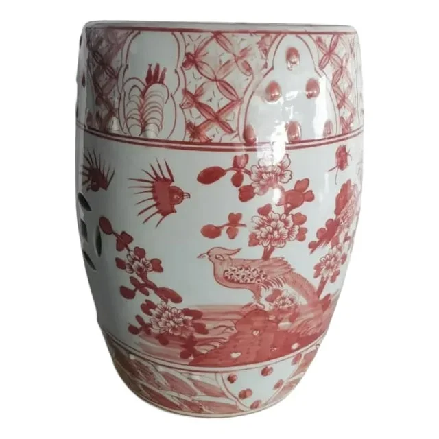 Hand-Painted Chinese Porcelain Garden Stool – Red Flower & Bird Motif