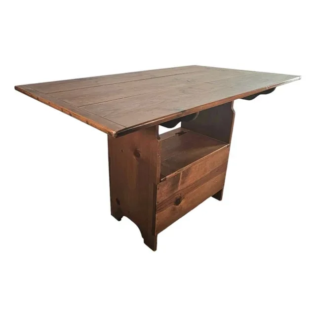 Handmade Rustic Pine Drop-Leaf Table With Storage, Signed Folk Art RMC 1987 Pineapple Motif