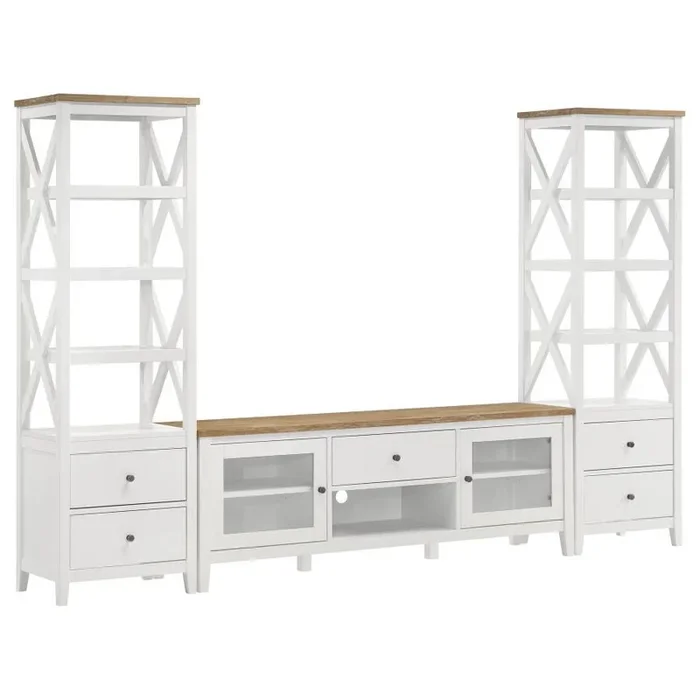 Hollis 3 Piece TV Stand Entertainment Center – White and Brown Ash Finish with Storage Drawers, Media Towers, Rustic Farmhouse & Coastal Style