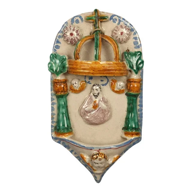 Holy Water Wall Stoup in Caltagirone Polychrome Majolica, 1950s