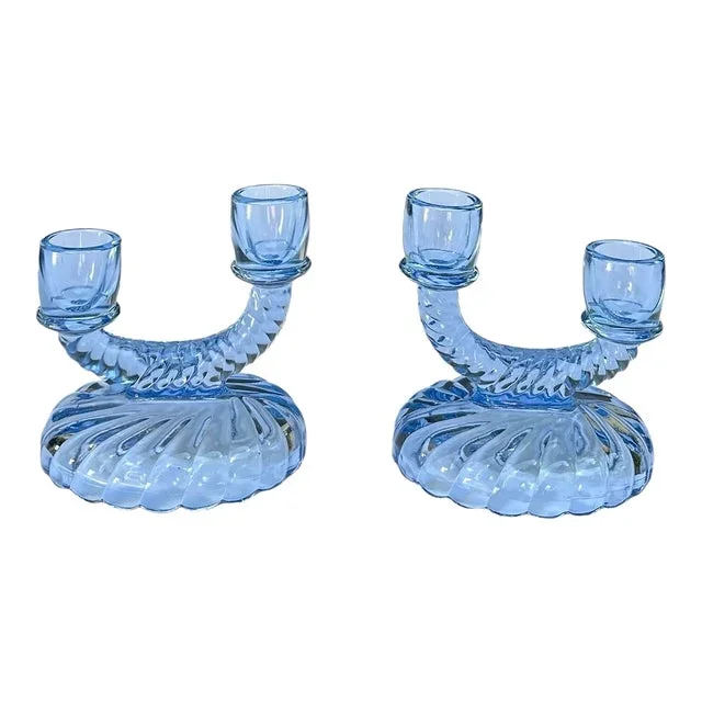Imperial Glass Newbound Blue Double Glass Candlestick Holders Late 20th Century – a Pair