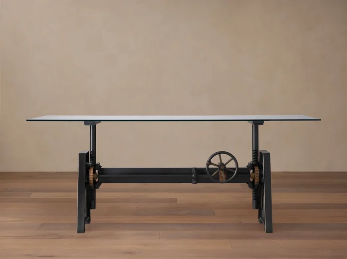 Industrial Crank Desk with Glass Top and Large Black Rubbed Copper Base