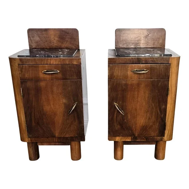 Italian Art Deco Nightstands in Burl Walnut, 1940s, Set of 2