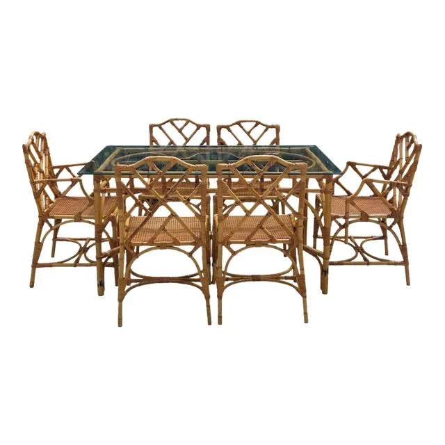 Italian Vintage Rattan Chippendale Style Dining Table & Chairs, After Dal Vera