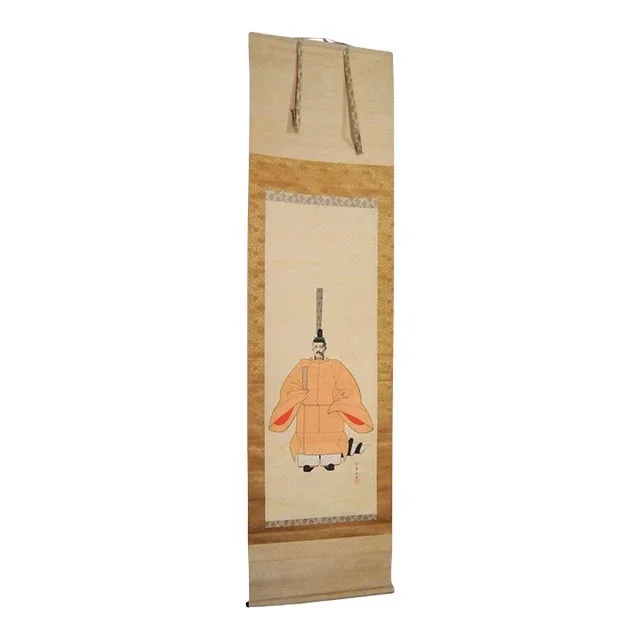 Japanese Emperor Taisho Scroll Ink on Silk Signed Gilt Laquered Wood Rollers