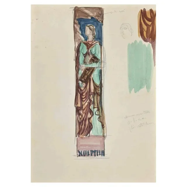 Jean Boudal, The Goddess in Stained Glass, Original Drawing, Early 20th-Century