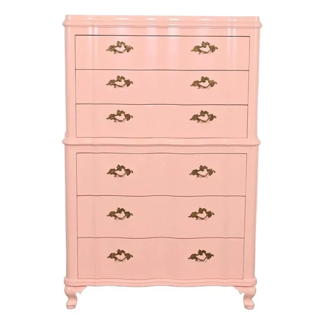John Widdicomb French Provincial Louis XV Pink Lacquered Highboy Dresser, Newly Refinished