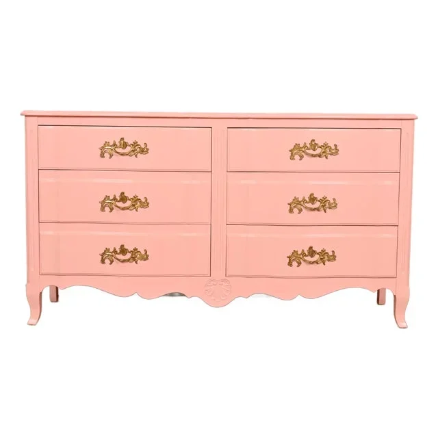 John Widdicomb French Provincial Louis XV Pink Lacquered Six-Drawer Dresser, Newly Refinished