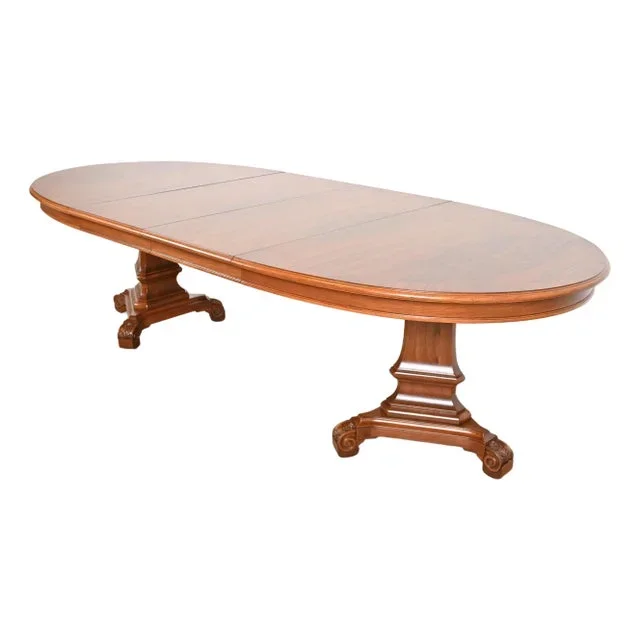 Karges Regency Burled Walnut Double Pedestal Extension Dining Table, Newly Refinished