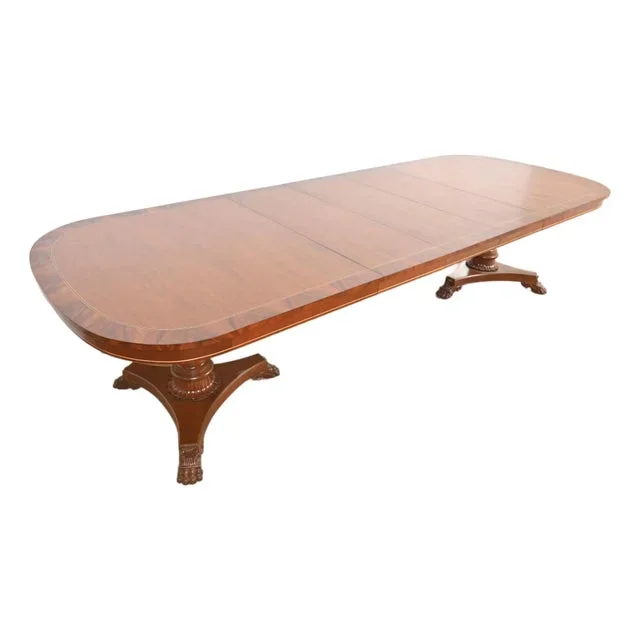Kindel Furniture Regency Banded Mahogany Double Pedestal Extension Dining Table, Newly Refinished