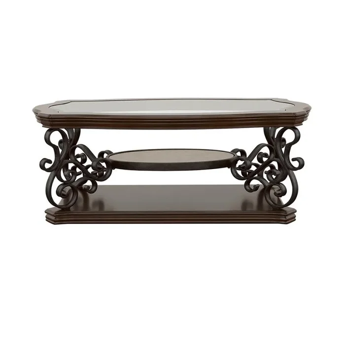 Laney 1-Shelf Glass Top Rectangular Coffee Table – Deep Merlot Wood Finish, Tempered Glass, Metal Scrollwork & Lower Display Shelf