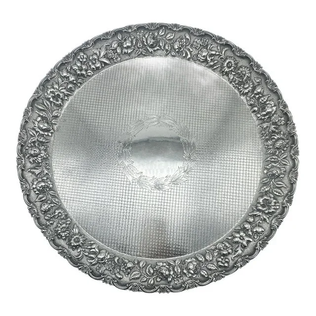 Large 1920s Circular Sterling Silver Repoussé Floral Footed Tray