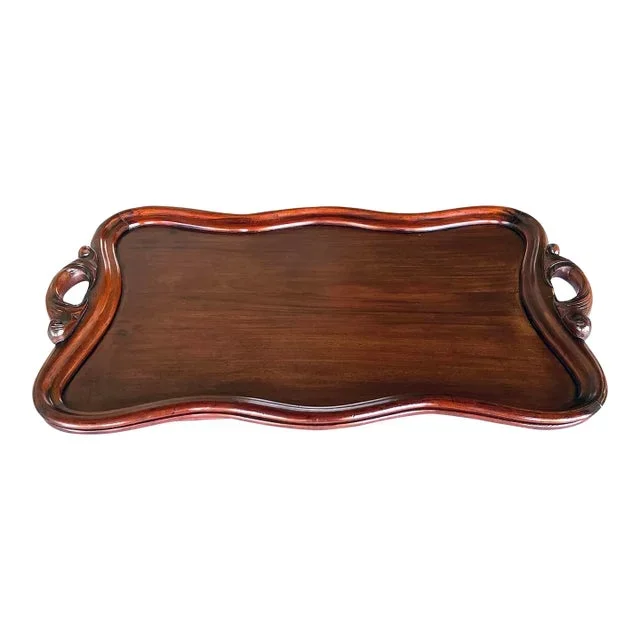 Large Antique Mahogany Butler’s Tray With Openwork Foliate Handles